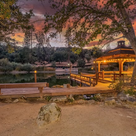 Oak Pond Retreat gazebo dock at sunset