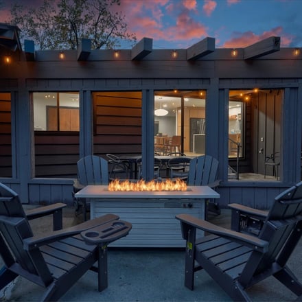 Yosemite Outpost fire pit patio at sunset